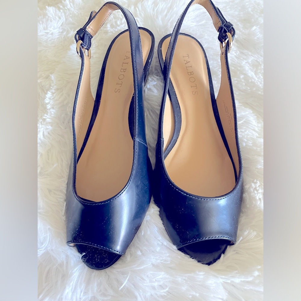Talbots Size 6M Peep Toe Slingback Navy Blue Kitten Heel Wedge